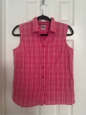 Vintage 90s Simply Basic Sleeveless Plaid Pink Button Up Shirt